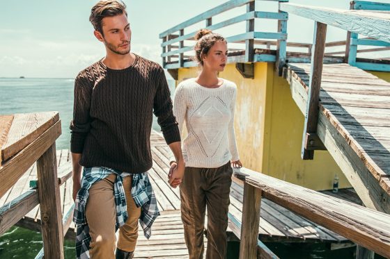 HER: Pants by Olive & Oak, $96, available at Lilac And Lilies Sweater, $78, by Olive & Oak, available at Lilac And Lilies. HIM: Sweater by Geoffrey Beene, $68, available at Macy’s. Corduroy pants, $59, by J.Crew, available J.Crew. Plaid shirt by J.Crew, $78, available at J. Crew.