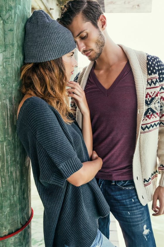 HER: Beanie by H&M, $10, available at H&M. Sweater by Karen Kane, $118, available at Bloomingdale’s, Aventura Mall. HIM: T-Shirt by American Apparel, $21, available at American Apparel. Denim jeans by Diesel, $348, available at Bloomingdale’s, Aventura Mall. Cardigan by Ralph Lauren, $240, available at Ralph Lauren.
