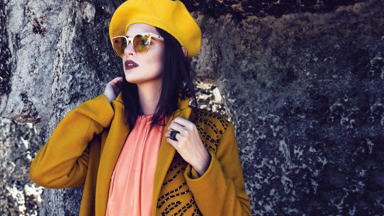 Marigold Felt Patch Coat by Edun, $1,600, available at antidotestore.us. Orange Maxi Dress by Julian Chang, $225, available at Julian Chang, 7246 Biscayne Blvd., Miami. Wynwood Sunglasses by Absurda, $95, available at glimpsemiami.com. Beret Moutarde by Le Beret Francais, $43, available at antidotestore.us. Pyramid Rings by Rochenne Sol, $330, available at rochenne.com.