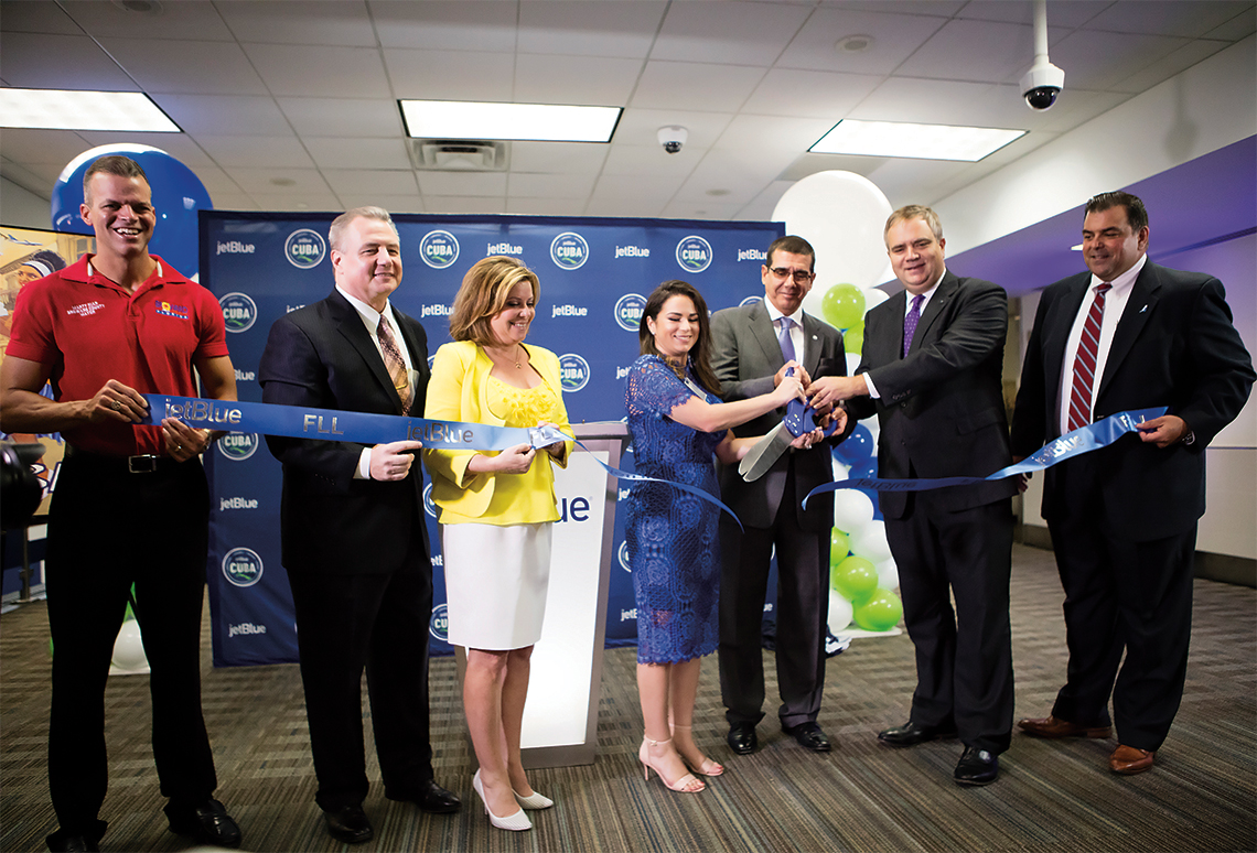 JetBlue leaders and Fort Lauderdale-Hollywood dignitaries cut the ceremonial ribbon gate-side.