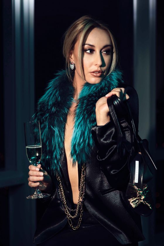 Fabien Blazer by Generation Love, $297, available at lepaboutique.com. Nina Stud by Lulu Frost, $138, available at lepaboutique.com. Chained Fur Collar by JBUG Jules Jewelry, $695, available at jbugjulesjewelry.com.